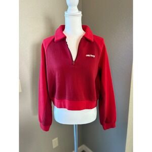 Old Navy Reissue Women Red Colorblock Quarter Zip Cropped Fleece Pullover Size M